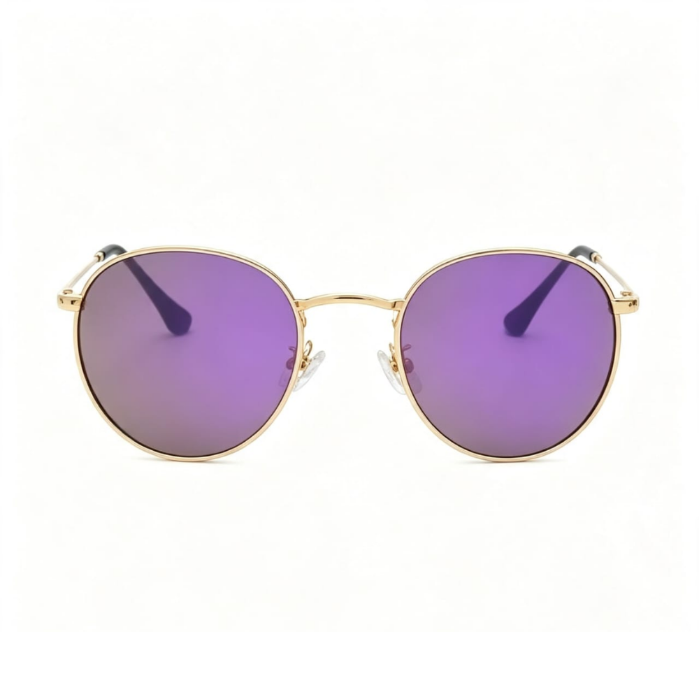 Óculos de Sol Redondo Dourado com Lentes Roxo-Espelhadas